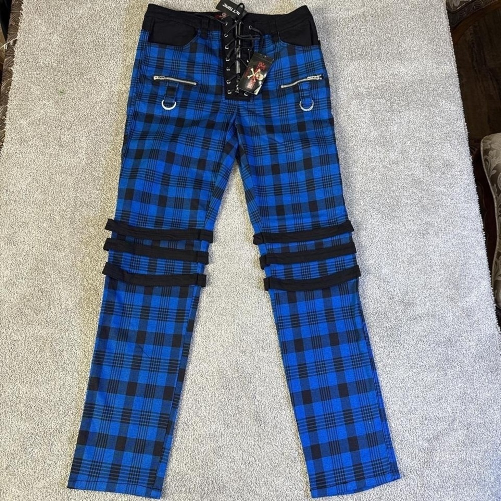 NWT Royal Bones Plaid Zipper Pants Size 13 Black Blue Gothic